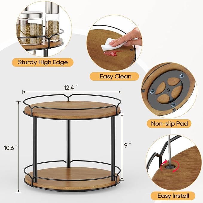 12.4" Lazy Susan Organizer 2 Tier - Rotating Spice Rack, Wooden Spinning Spice Holder for Inside Cabinet, Pantry, Kitchen, Countertop, Bathroom and Vanity, Versatile Storage