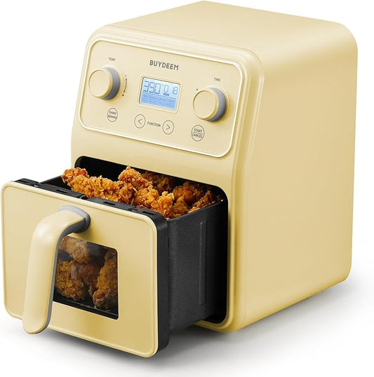 BUYDEEM F51 8-in-1 Air Fryer 4.2QT, Retro Countertop Airfryer Oven with Visible Window, Shake Reminder, One-touch Control with LCD Display, Mellow Yellow