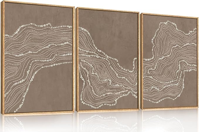 Geometric White Tan Wave Framed Canvas Wall Art Set, Abstract Line Art Painting, Modern Minimalism Wall Decor, Neutral Art Print for Living Room, Bedroom, Dining Room, Office - 16"x24"x3
