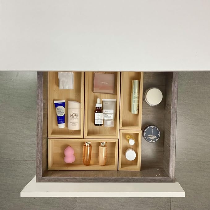 bamboo drawer organizer Set，expandable drawer dividers,wooden storage organizers,large trays for kitchen, bathroom,flatware,Tea Bag Organizer (2 X 5PCS Natural)