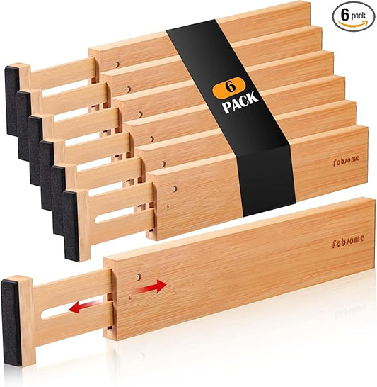 Fabsome Drawer Divider 6 Pack, Bamboo Dresser Organizers for Clothes Socks Underwear Baby Clothing, Wooden Separators for Nursery Organization Adjustable from 12.5'' to 17'' with Soft Foam Ends