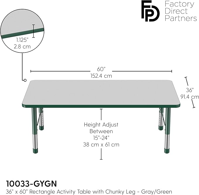 Factory Direct Partners FDP Rectangle Activity School and Classroom Kids Table (36 x 60 inch), Toddler Leg, Adjustable Height 15-24 inches - Gray Top and Green Edge