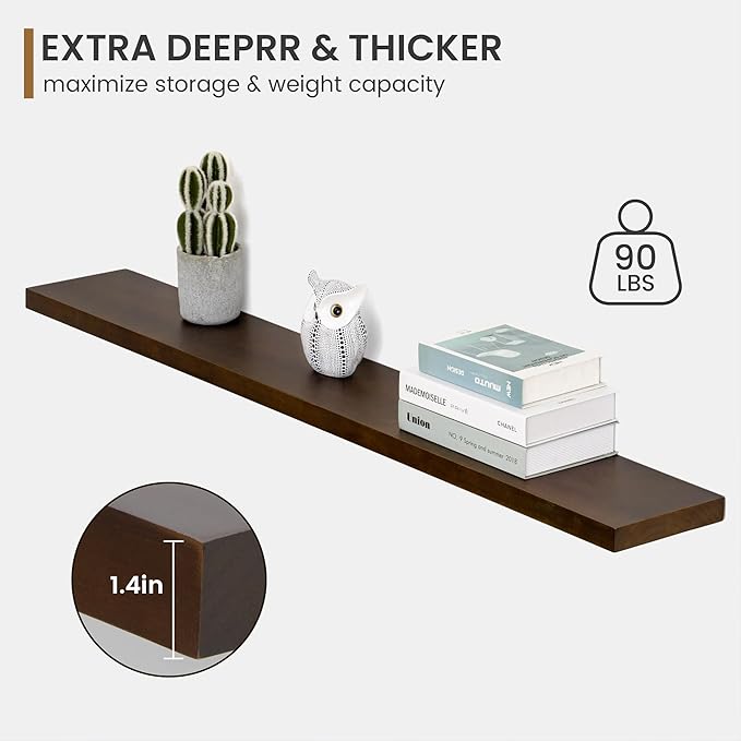 Floating Shelves 55 Inches Long - 8 Inch Deep Rustic Solid Pine Wood for Storage - Farmhouse Wall Mounted for Living Room - Heavy-Duty Metal Bracket - 55" W x 8" D - American Walnut Color