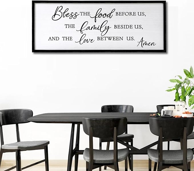 Bless the Food Before Us, the Family Beside Us, and the Love between us Framed Wall Art for Christian God Jesus Christ Prayer, 32''×12'' Positive Holy Religious Rustic Bible Verse for Dining Room