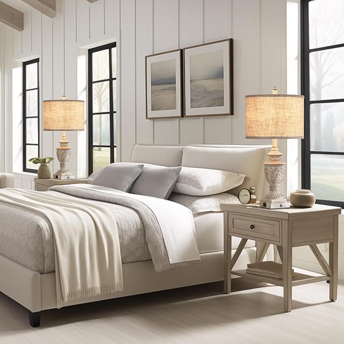 Farmhouse 3-Way Dimmable Touch Table Lamp Set of 2 for Bedroom Living Room with USB A+C Charging Ports 27" Tall Rustic Traditional Nightstand Bedside Lamps White End Table Lamp (2 Bulbs Included)