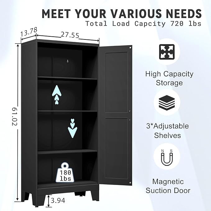 61.02" Kitchen Pantry Cabinet, Pantry Storage Cabinet with 2 Doors and Adjustable Shelves, Black Food Storage for Kitchen, Living Room, Bedroom and Dining Room (Black) Metal Sideboard