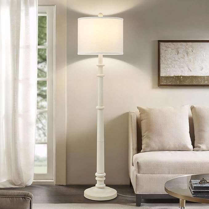 Floor Lamps for Living Room - 60" Resin Farmhouse Floor Lamp with 3 Color Temperatures - Vintage Standing Lamp Reading Light with Linen Shade Retro Tall Lamp for Bedroom Office, Almond White