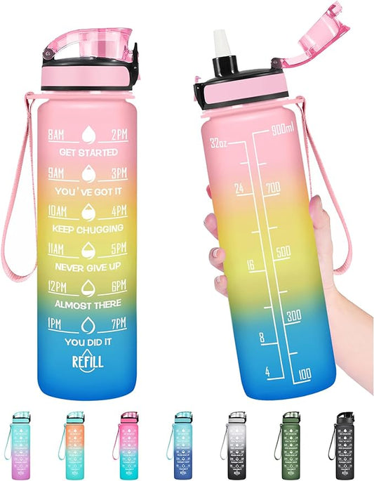Enerbone Water Bottle, Leakproof BPA & Toxic Free, Motivational Water Bottle with Times to Drink and Straw, Fitness Sports Water Bottle with Strap for Office, Gym, Outdoor Sports