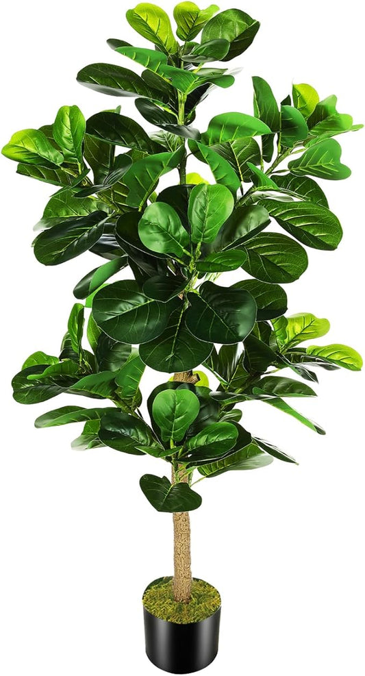 5ft Artificial Fiddle Leaf Fig Tree (60in) with Plastic Nursery Pot Faux Tree, Ficus Lyrata Fake Plant for Office House Farmhouse Living Room Home Decor (Indoor/Outdoor)