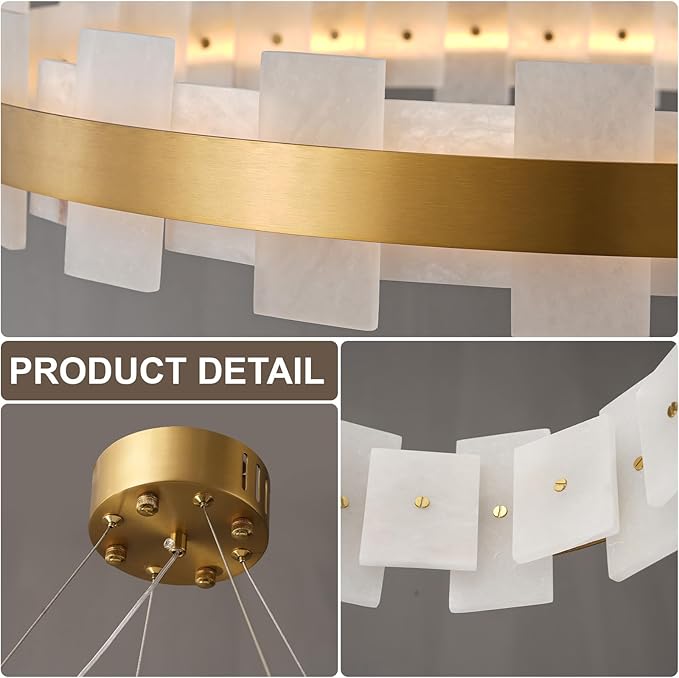 31.5" Natural Spanish Alabaster Round Chandelier, Adjustable Large Chandeliers for Living Room Over Table, Modern Luxury Alabaster Stone Chandelier for Drawing Room, Bedroom, Hallway, Foyer