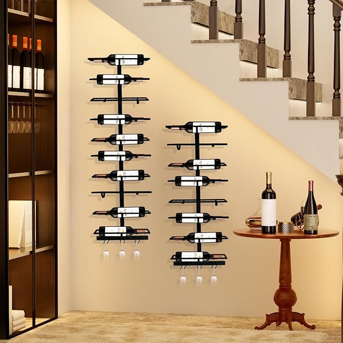 8 Bottle Wall Mount Wine Rack with Wine Glass Holder, Metal Wine Wall Rack, Wall Racks for Wine Bottles Display and Storage, Hanging Bottle Organizer for Living Dining Room Wine Cellar Bar (Black）