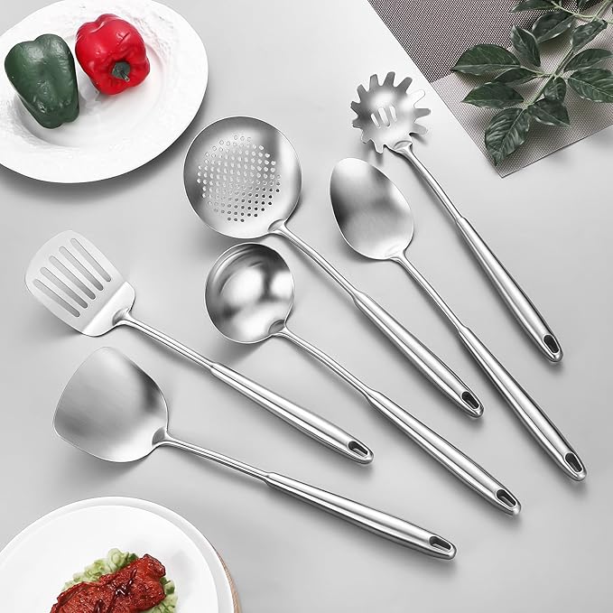 304 Stainless Steel Cooking Utensils,6 Pcs Kitchen Cooking Utensils Set with Spatula, Solid Spoon, Ladle, Skimmer, Spaghetti Spoon,Dishwasher Safe