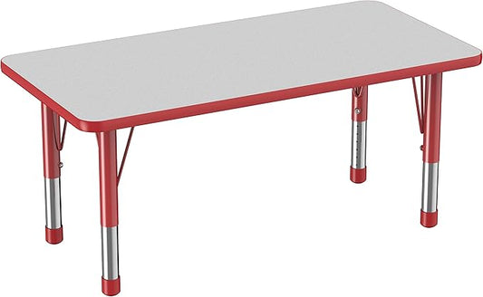 FDP Rectangle Activity School and Kids Classroom Table (24 x 48 inch), Toddler Legs, Adjustable Height 15-24 inches - Gray Top and Red Edge