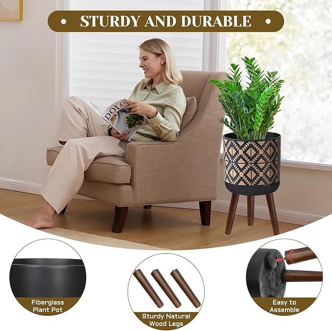 Flower Pot with Legs Tall Flower Pot with Drainage Holes for Indoor and Outdoor Decorative Planting (Black Gold, 12 Inches)