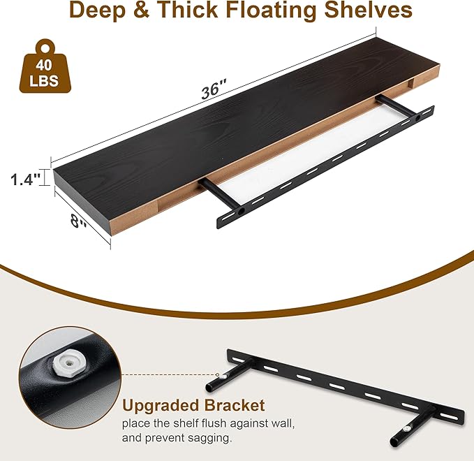 Fun Memories Black Floating Shelves 36 Inch Long, 8 Inch Deep Floating Shelf for Wall, 36" W x 8" D Wall Shelves Set of 2, Black Deep Floating Shelves for Bedroom, Living Room, Kitchen