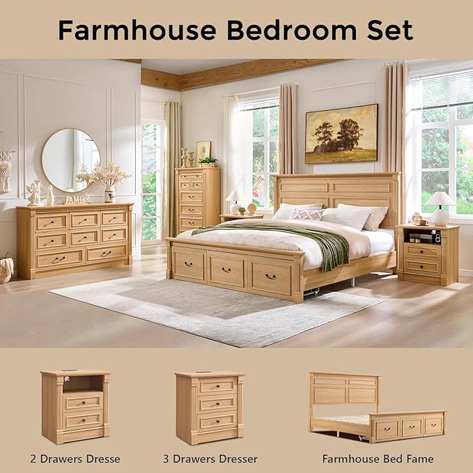 26" Tall Farmhouse Nightstand, 2 Drawers End Table w/Charging Station, 23.6" Wide Large Side Table w/Roman Column, Wood Rustic Sofa Table w/Open Shelf, Bedside Table for Bedroom, Natrual