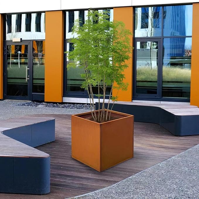 Corten Steel Planter Box Metal Outdoor Planter Large Square Cube Rustic Planter Pot Durable Antique Detached for Commercial Residential Tall Plant Patio Deck and Backyard 32 Inch