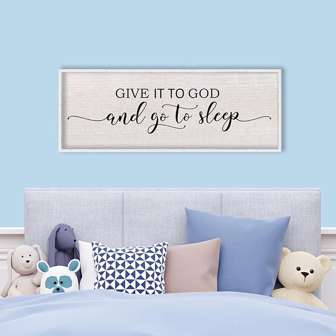 Give It To God And Go To Sleep Above Bed Wall Decor Sign 40"X15" Master Bedroom Over Bed Wall Wood Framed Art (White)