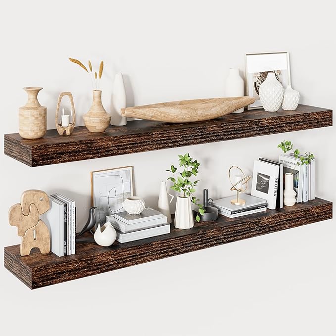 Floating Shelves for Wall 48 Inches Long,9.3" Deep Rustic Brown Floating Shelf Set of 2,Wall Mounted Wood Shelves for Bathroom Bedroom Living Room Kitchen Office,Shelf for Books Storage Room Decor