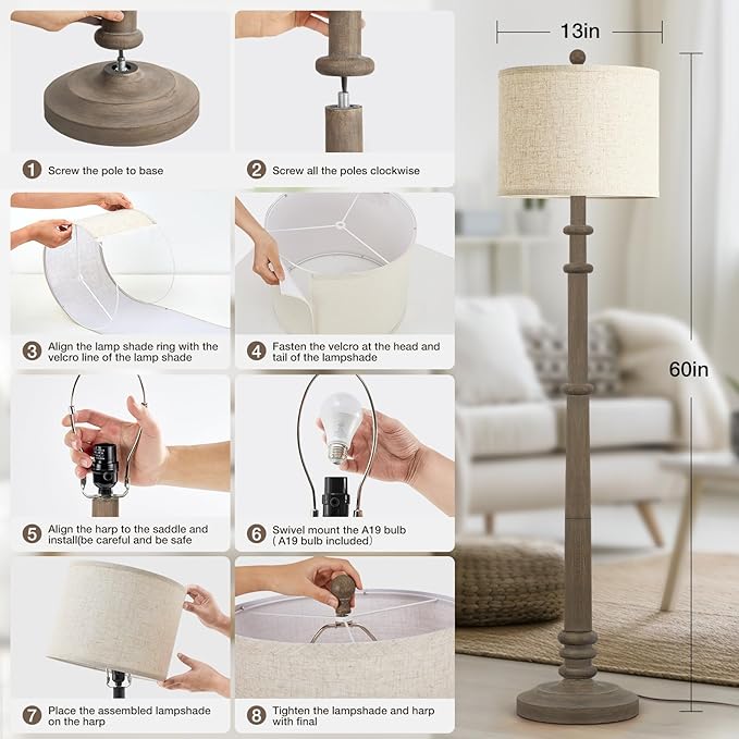 Floor Lamps for Living Room - 60" Resin Farmhouse Floor Lamp with 3 Color Temperatures - Vintage Standing Lamp Reading Light with Linen Shade Retro Tall Lamp for Bedroom Office, Grey