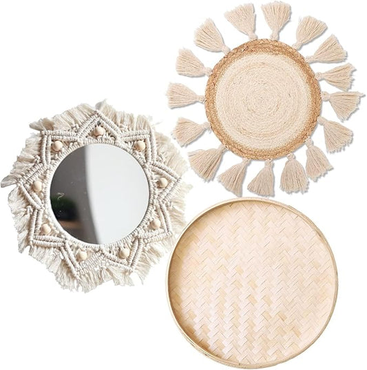 Boho Wall Basket Decor Set - Flat Woven Macrame Tapestry, Mirror White Round Tassels, Handmade Rattan Wicker Seagrass Wall Basket