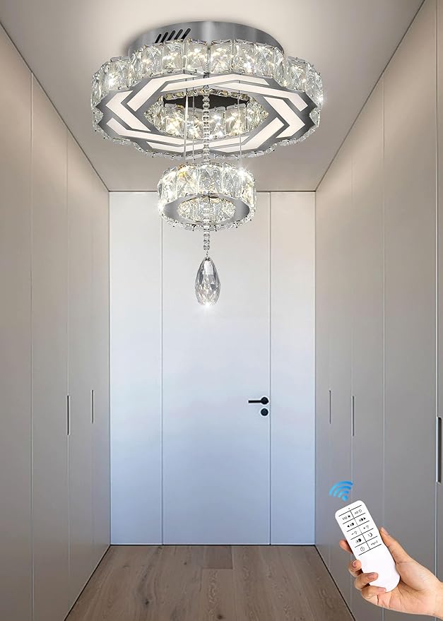 Flashing God Small Crystal Chandeliers Dia 12" Silver Chandelier Flush Mount Ceiling Light for Bedroom Living Room Dining Room Hallway Dimmable 3 Rings LED Celing Lighting Fixtures