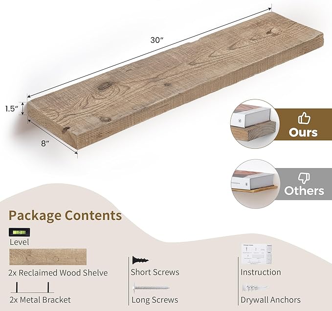 Floating Shelves, 8 Inch Deep Rustic Solid Reclaimed Wood Wall Shelves for Storage, Wall Mounted Display Shelving with Invisible Heavy-Duty Metal Bracket, 30 Inch Width Set of 2, Natural