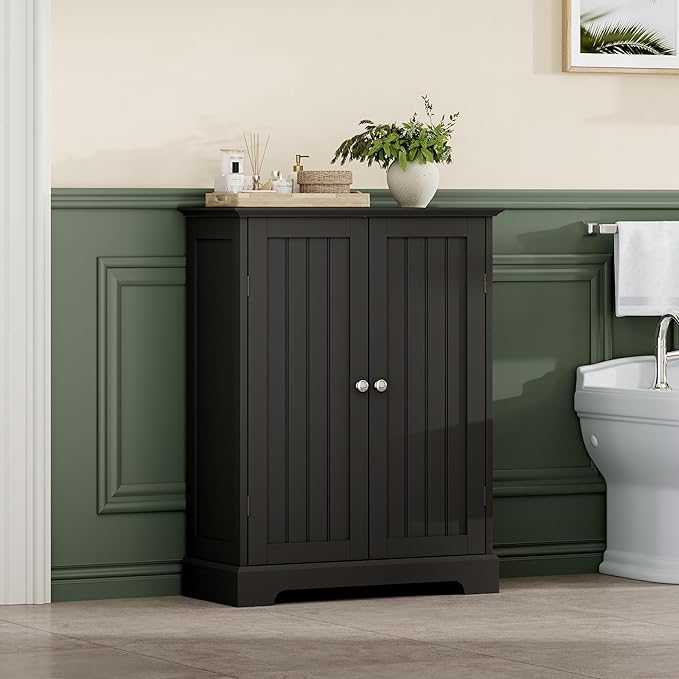 ChooChoo Bathroom Floor Cabinet, Modern Bathroom Storage Cabinet with 2 Doors and Adjustable Shelves, Freestanding Cupboard for Living Room, Black