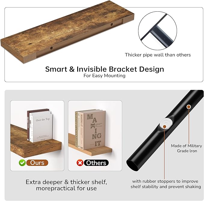 Floating Shelves - 10.3 Inch Deep Wall Shelf for Decor & Storage - Wall Mounted Display Shelving with Invisible Heavy-Duty Metal Bracket - 36" W x 10.3" D x 1.8" H - Set of 1 - Rustic Brown