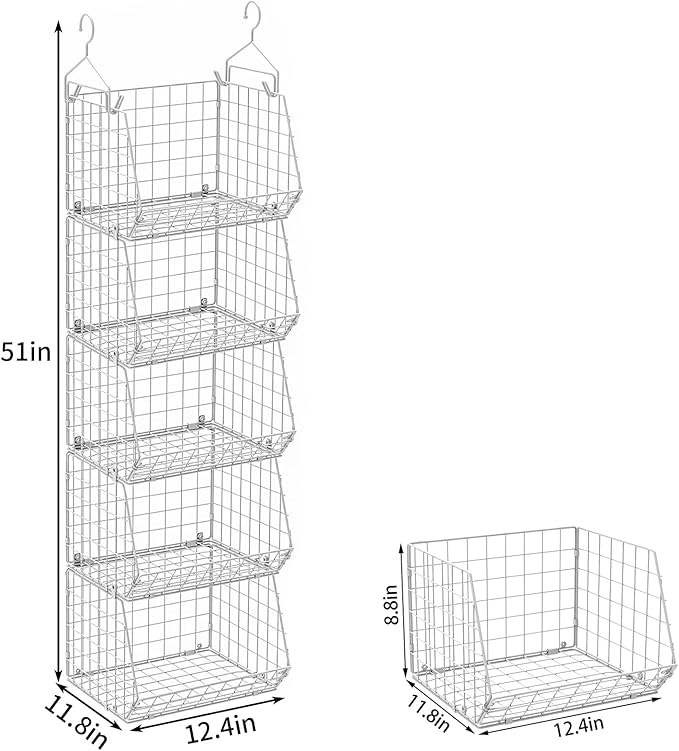 5 Tier Closet Hanging Organizer, Clothes Hanging Shelves with 4 Hanging Hooks 5 S Hooks, Wire Storage Basket Bins, for Clothing Sweaters Shoes Handbags Clutches Accessories Patent Design-White