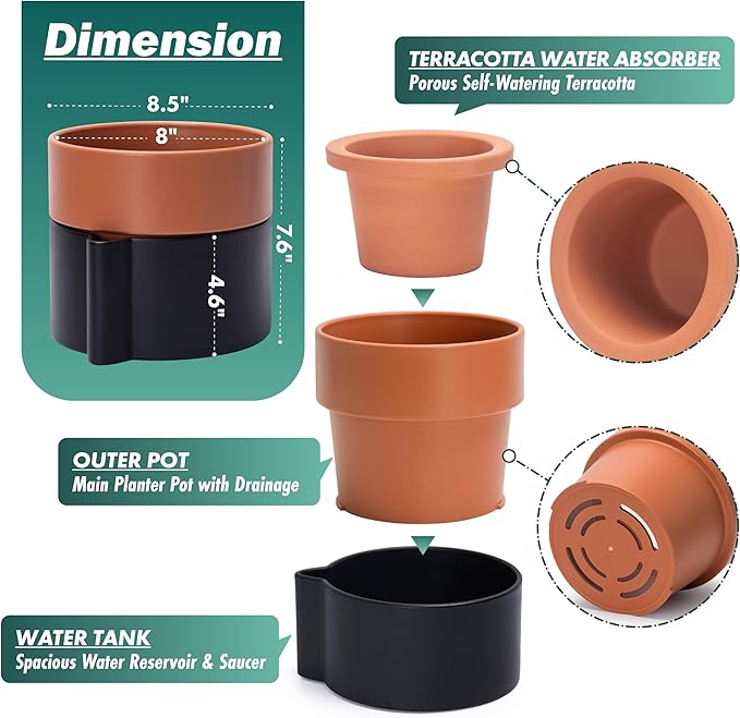 8 Inch Self-Watering Planter Pot with Terracotta Insert, Deep Water Reservoir, and Ceramic-Alike BPA-Free Plastic Planter Pot for Plant, Modern Planter for Houseplants, Black/Terracotta, 53-B-T-5