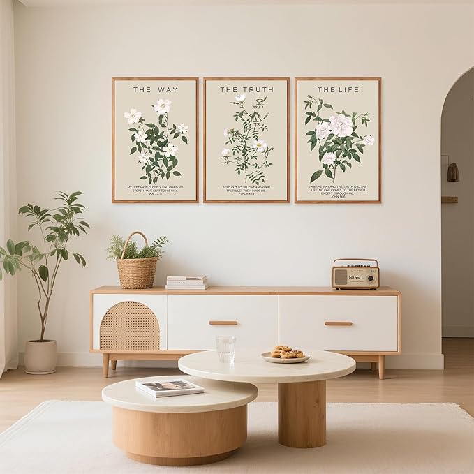 Aurlan The Way The Truth The Life Bible Verse Framed Wall Art(16"x24"), 3PCS Boho Christian Scripture Canvas Artwork, Large Floral Botanical Job 23:11 Psalm 43:3 John 14:6 Decor for Home Bedroom