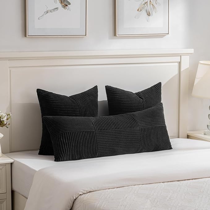 Fancy Homi 2 Packs Black Decorative Throw Pillow Covers 18x18 Inch for Living Room Couch Bed Sofa, Rustic Farmhouse Boho Home Decor, Soft Corss Corduroy Patchwork Textured Square Cushion Case 45x45 cm