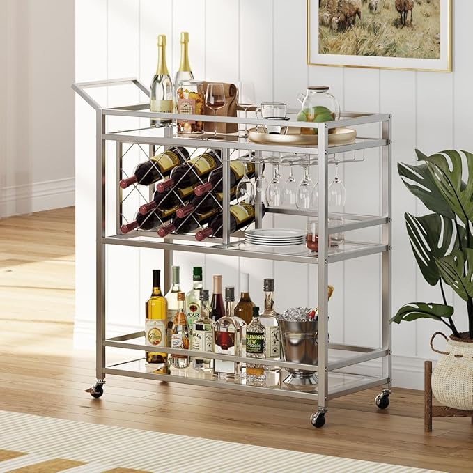 FATORRI Bar Cart Silver, Bar Carts for The Home, Home Bar Serving Carts for Liquor, Rolling Wine Cart with 3 Tier Mirrored Shelves on Wheels for Alcohol and Beverage (Silver)