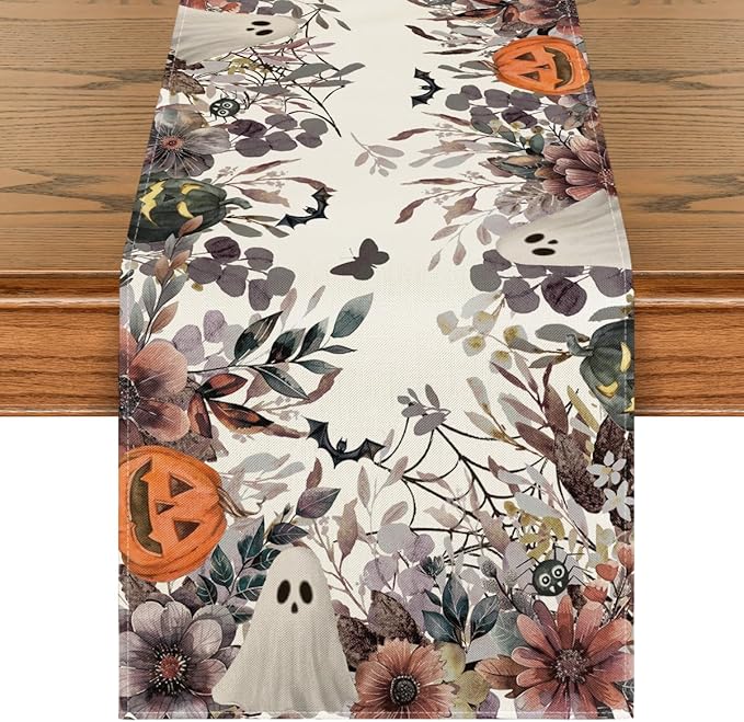 Artoid Mode Jack-O'-Lantern Pumpkin Floral Ghost Halloween Table Runner, Eucalyptus Kitchen Dining Table Decoration for Home Party Decor 13x48 Inch
