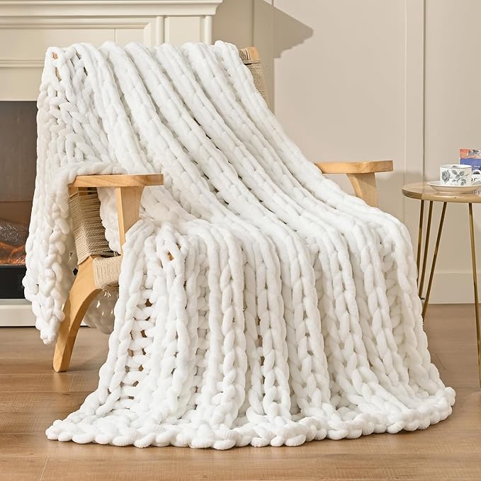 Esterra Chunky Knit Blanket Throw, 100% Handmade Chenille Throw Blanket 60"x80", Soft Thick Yarn Cable Knit Crochet Throw Blanket Rope Knot Throw for Couch Bed Sofa, Bright White