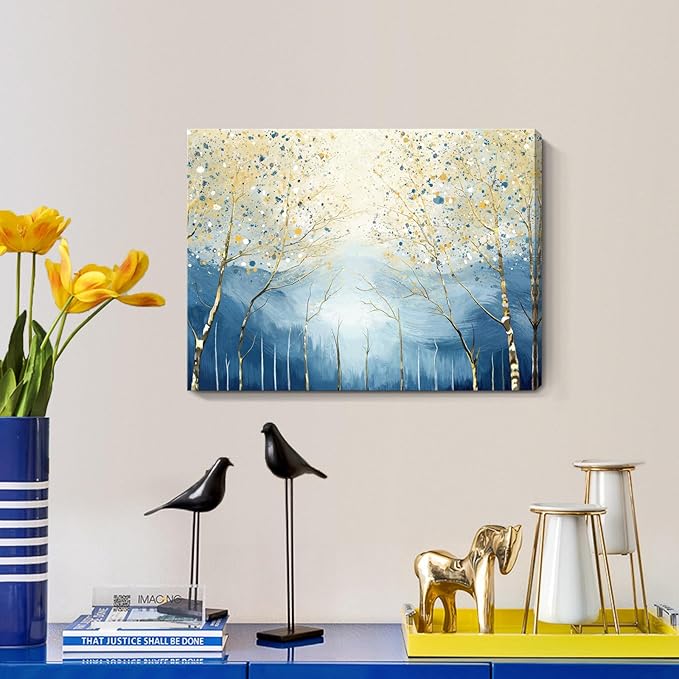 amatop Abstract Tree of Life Wall Art– Modern Blue Yellow Picture Forest Birch Mountain Canvas Print Minimalist Landscape Small Nature Artwork for Bathroom Bedroom Office Decor,16x12 Inch