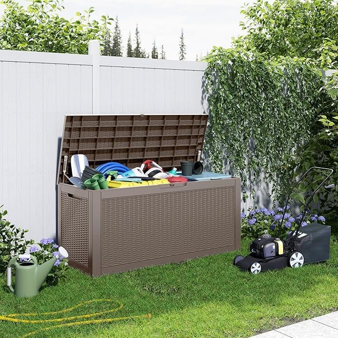100 Gallon Deck Box Large Outdoor Storage for Patio Furniture,Outdoor Cushions,Garden Tools and Pool Supplies,Waterproof,Resin,Lockable(Grey)