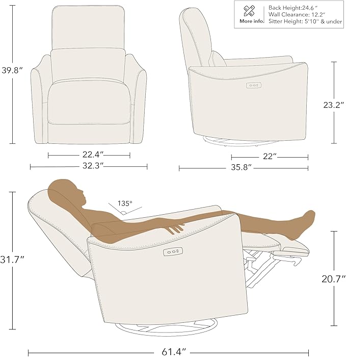 CHITA Power Recliner Chair Swivel Glider, FSC Certified Upholstered Faux Leather Living Room Nursery Reclining Sofa Chair with Lumbar Support, White