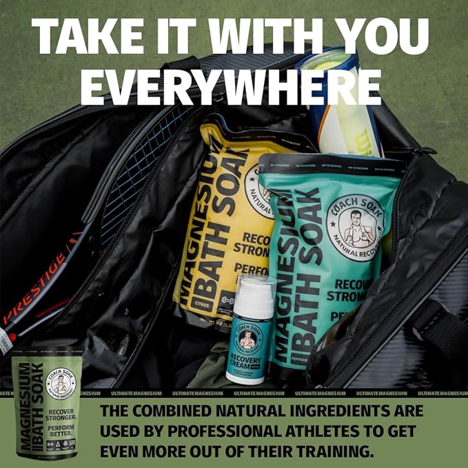 Coach Soak Recovery Bath Soak & Cream - Alternative to Epsom Salt Bath Soak - Fast-Absorbing Pure Magnesium Flakes with 21 Minerals, Bath Salts & Essential Oils - 2 Pack - Cooling Peppermint