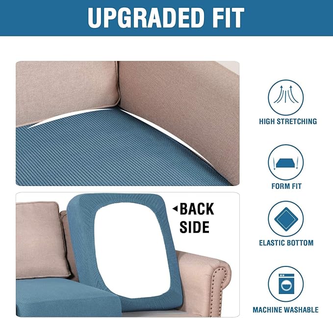 H.VERSAILTEX Super Stretch Individual Seat Cushion Covers - Sofa & Couch Cushion Slipcover Sets - Thick Jacquard Textured Twill Fabric (3 Piece XL Sofa Cushion Covers, Dusty Blue)