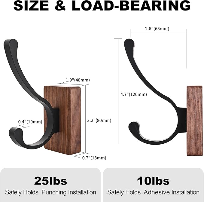 6 Pack Wooden Wall Hooks for Hanging, Adhesive Mounted & Wall Mount Nature Wood Coat Hooks for Towel Clothes Blanket Hat Backpack Robe Nursery Door Board Entryway Key Holder