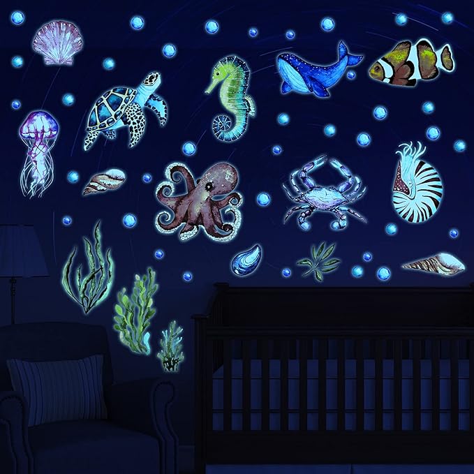 52 Pcs Ocean Fish Wall Decals Glow in The Dark Under The Sea Wall Decals Sea Animals Stickers Removable Waterproof Peel and Stick for Kids Bathroom Watercolor Ocean Decor(Funny Style)