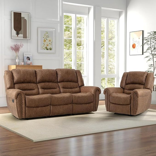 CANMOV Manual Reclining Sofa Set, Faux Leather Manual Recliner Sofa and Recliner Chair with Overstuffed Armrest for Living Room,Bedroom Furniture,Office,Nut Brown
