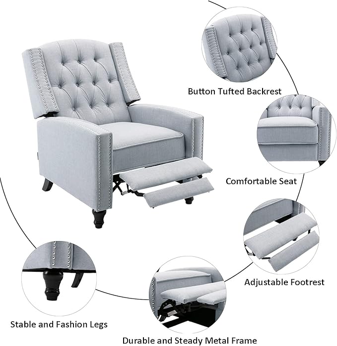 Fabric Push Back Recliner Chair Mid Century Tufted Single Comfy Reading Sofa Chair for Living Room/Bedroom/Home Theatre, Grey