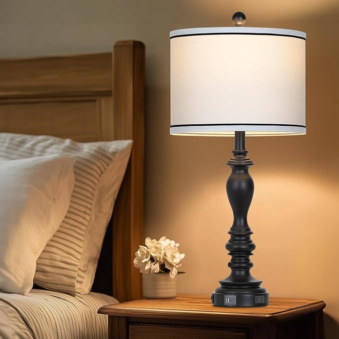 27.5" Farmhouse Table Lamp for Living Room, Black Lamps Set of 2 with USB A+C Ports, Mid Century Tall Table Lamp for Bedroom, Bedside Lamps for Night Stands(2 Bulbs Included)