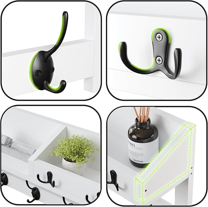 AMBIRD 26.57-Inch Wall Hanging Shelf With Coat Hooks - Entryway Wood Rack With 5 Dual Hooks, 3 Key Hooks, Mail Organizer and Key Holder (White)