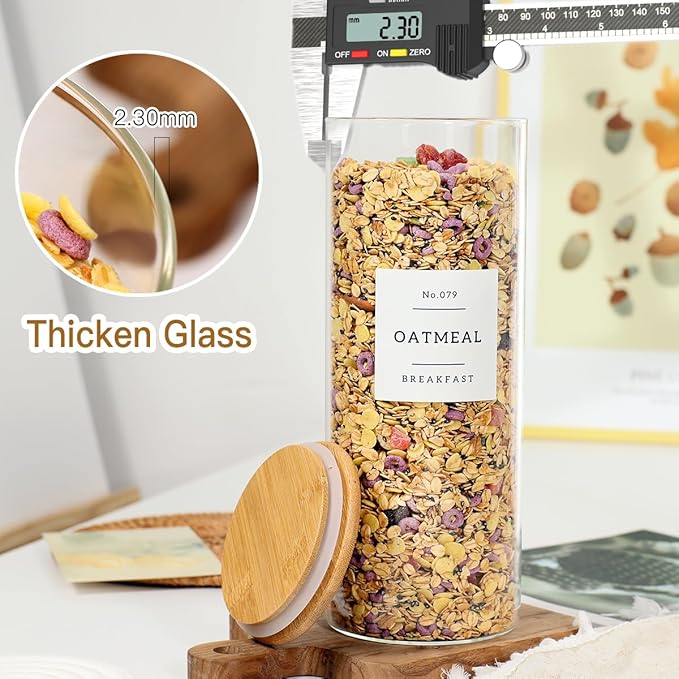 3 Pack Glass Jar with Airtight Bamboo Lid and White 132 Kichen Pantry Labels Preprinted - 56 Oz Clear Tall Glass Food Storage Containers set For Pasta Flour Cookie Rice