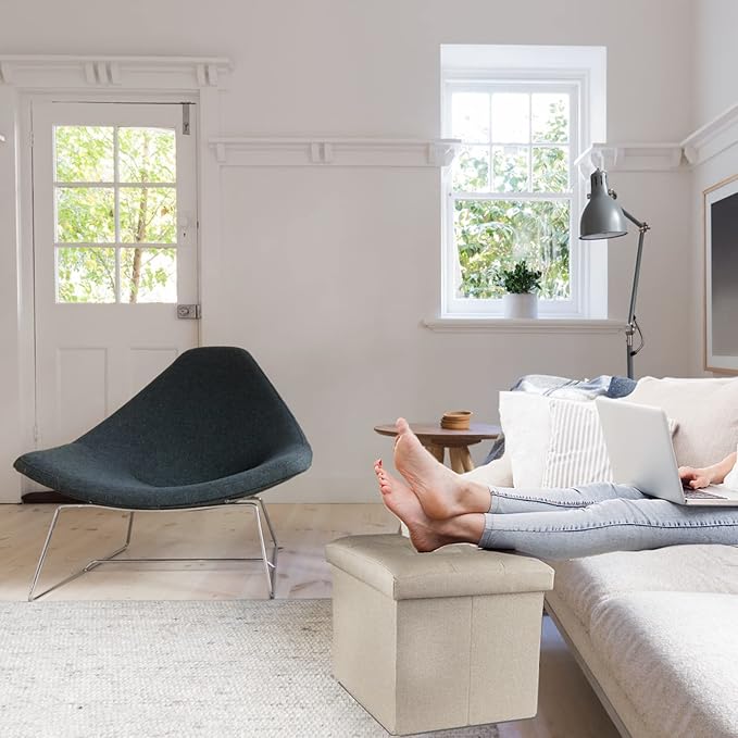 ALASDO Storage Ottoman Footrest Stool Small Ottoman with Storage Foldable Ottoman Foot Rest Footstool Bench for Living Room 17x13x13inches Beige