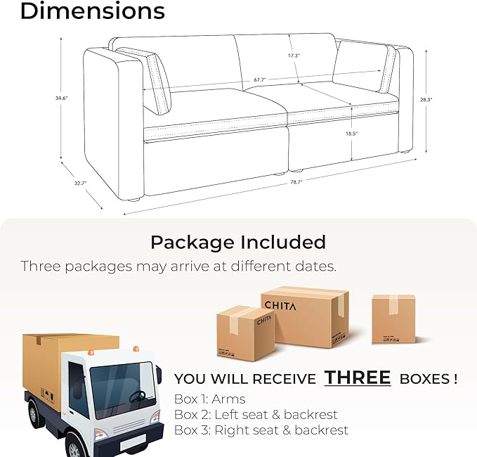 CHITA Small Modular Sectional Fabric Sofa Set, Extra Comfty Loveseat Cloud Couch, FSC Certified Modular Sectional Couch for Living Room, 78 inch Width,2 Seat Modular Sofa, Grey